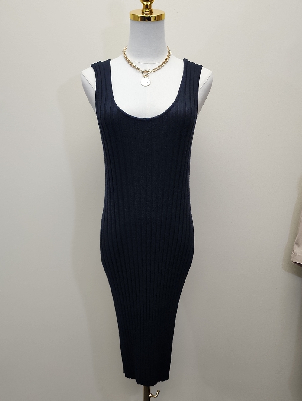 Sleeveless Ribbed Knit Midi Dress in Navy